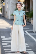 小香风气质漂亮套装女2025夏季新款减龄显瘦印花衬衫阔腿裤两件套，女装套装/套裙，仟媚宠