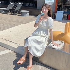 时尚甜美白色连衣裙女夏季新款泡泡袖收腰显瘦气质长裙可退换，女装连衣裙，灵力轩