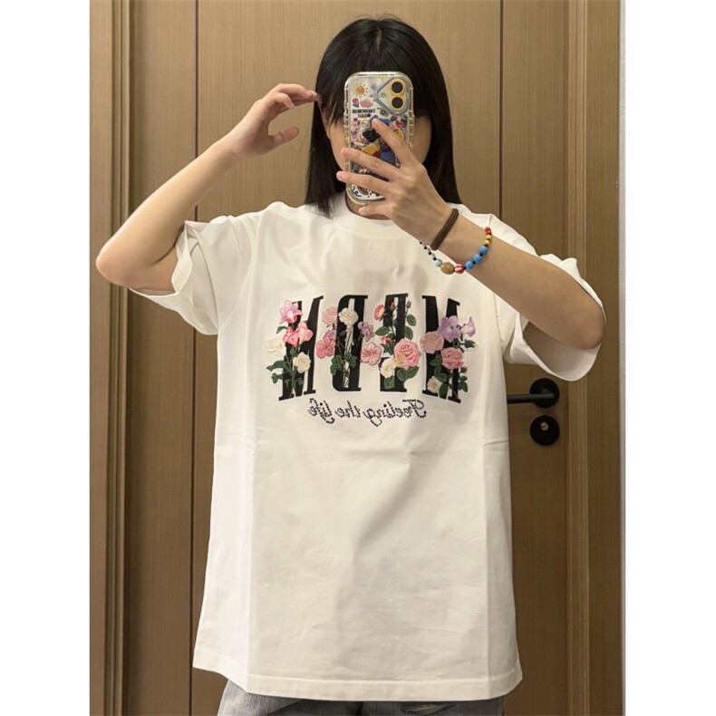 H1024-P38高版本#【内里铺布/刺绣+烫钻】包边拉肩休闲短袖T恤图片