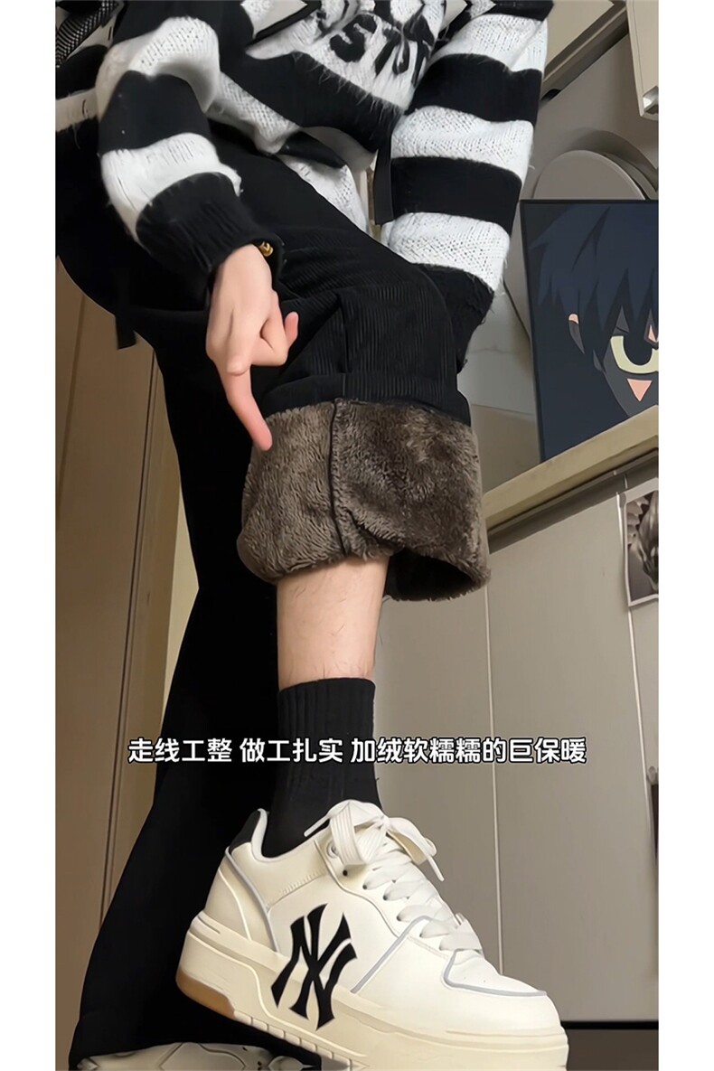 黑色灯芯绒运动卫裤男款秋冬加绒加厚保暖阔腿裤超厚羊羔绒长裤子,男装休闲裤,电商A102