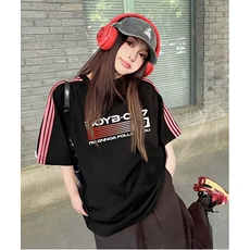 抖音得物品质二开240克宽松纯棉美式潮牌印花三条杠中性风短袖T恤，男装T恤，电商A486