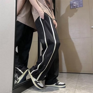 侧边条纹高级设计感开叉直筒裤欧美hiphop裤子高街ins潮男运动裤图片