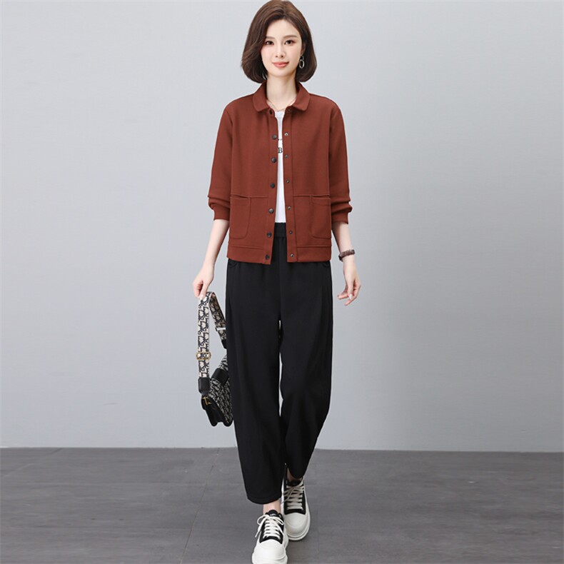 春秋新款时尚两件套装女休闲宽松衬衫领开衫哈伦裤中老年妈妈装潮，女装套装/套裙，璐依舞