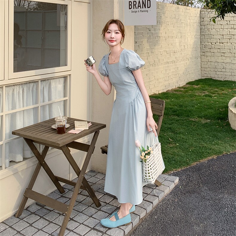蓝色泡泡袖方领连衣裙女中长款2025夏季新款法式显瘦高级感A字裙,女装连衣裙,浙宝301
