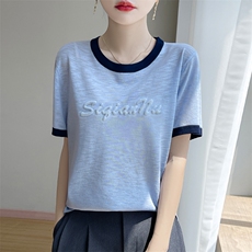 夏季新款竹节麻拼色圆领立体字母短袖女修身显瘦百搭时尚休闲上衣，女装T恤，暖娇绒包芯纱店