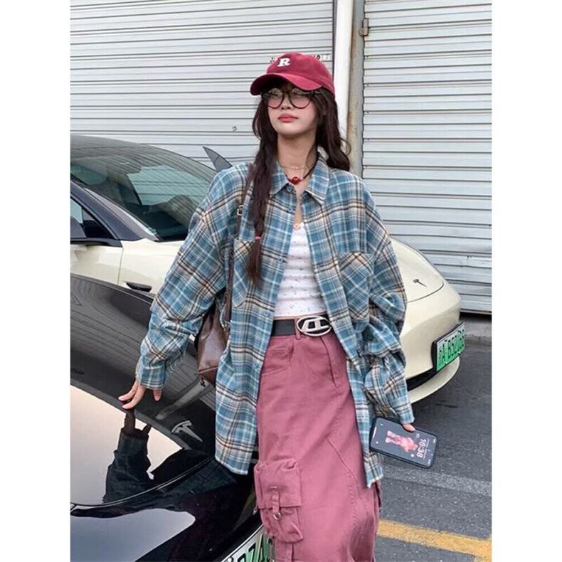 美式复古蓝色格子衬衫女宽松慵懒风春秋小众潮牌休闲百搭外套潮,男装衬衫,星座410-7