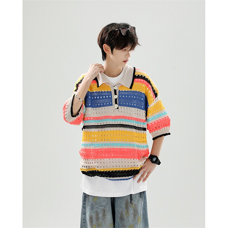 8XL-M特大码美式复古条纹撞色针织POLO衫翻领休闲短袖TDX311P35,男装T恤,电商D206-1