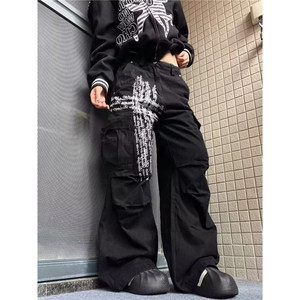 字母街头牛仔裤十字架印花口袋工装裤宽松直筒长裤男女潮N6668图片