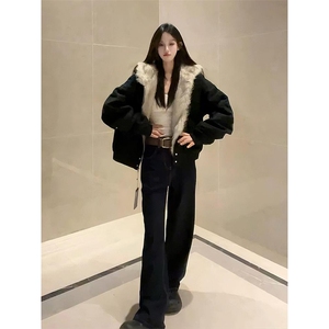 现货高品质美式高街冬季重磅硬挺短款座山雕毛领棉衣男女加厚外套图片