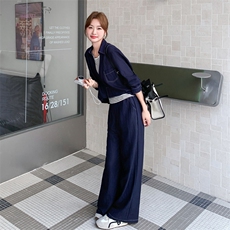 深蓝色淡人松弛感套装女2025秋季慵懒风上衣条纹背心阔腿裤三件套，女装套装/套裙，2C028