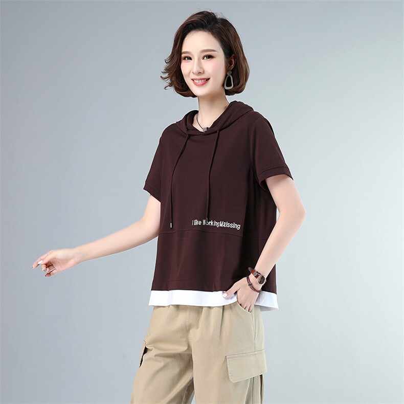 时尚拼色刺绣字母连帽T恤宽松显瘦短袖上衣855-1,女装T恤,依恋蒂丝