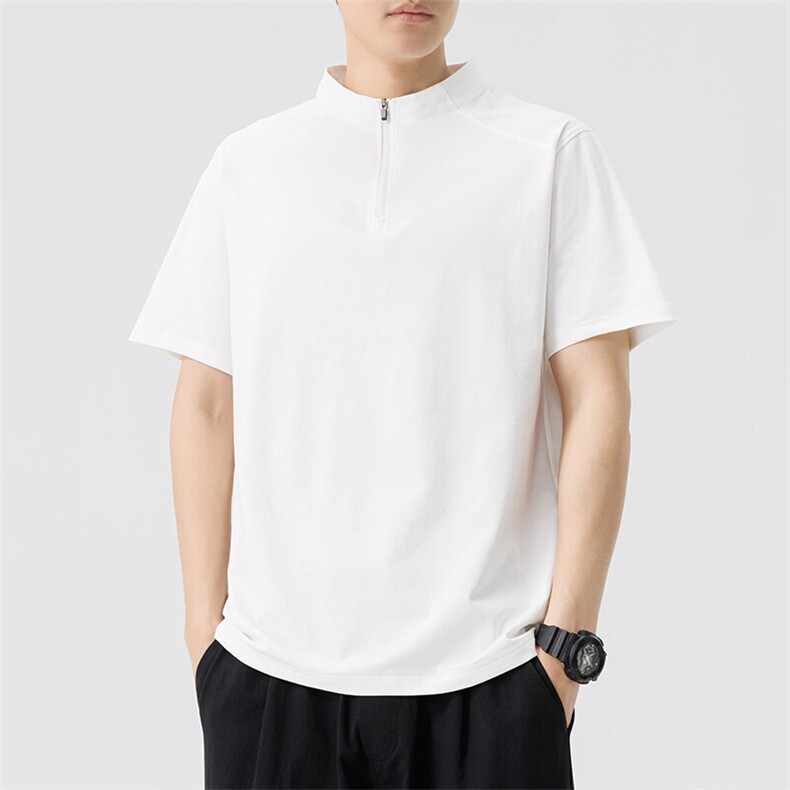 T835夏季男士圆领纯色速干运动半拉链短袖T恤P42无影白墙白色，男装T恤，星座1615-1