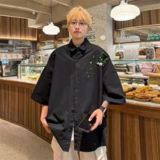 新中式竹子印花衬衫风高级感上衣春夏短袖衬衣宽松慵懒垂感男，男装T恤，星座1210-1