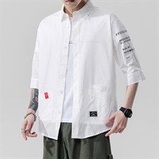 2021夏季新日系大码男无影墙个性印花绣标宽松七分袖衬衫C553-P40，男装衬衫，电商A001