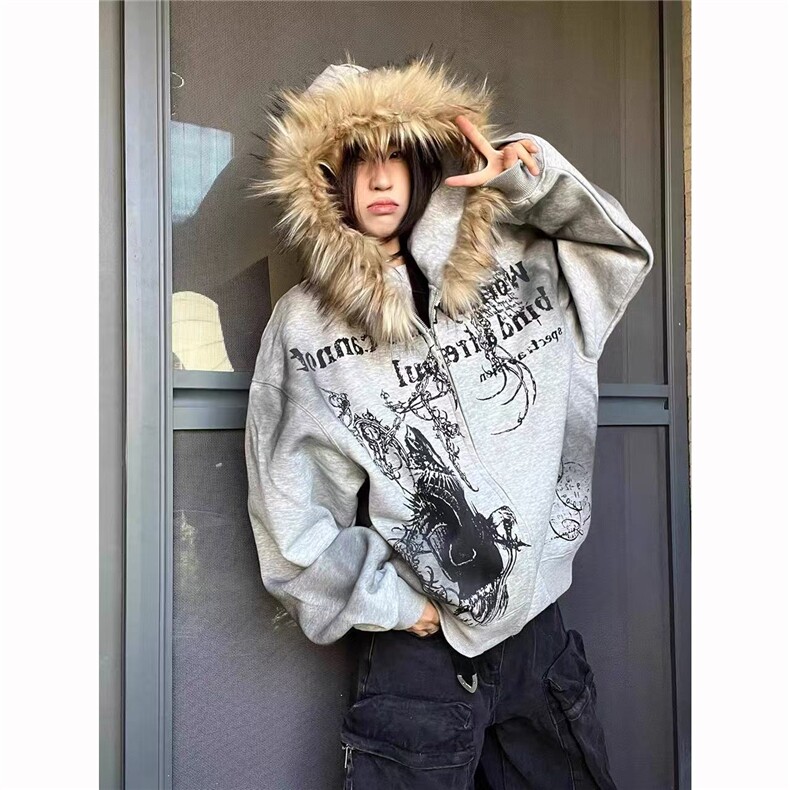 1506-01/MZL2081/P66美式复古重磅毛领连帽卫衣慵懒感开衫外套，女装短外套，星座1506-1