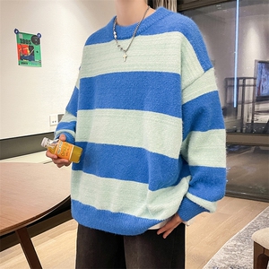 撞色毛衣男秋冬季设计感慵懒风针织外套保暖套头圆领线衣图片