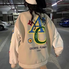 美式休闲彩虹碎花系列毛巾绣植绒夹克杏色单排扣棒球服外套，女装卫衣/绒衫，星座218-8