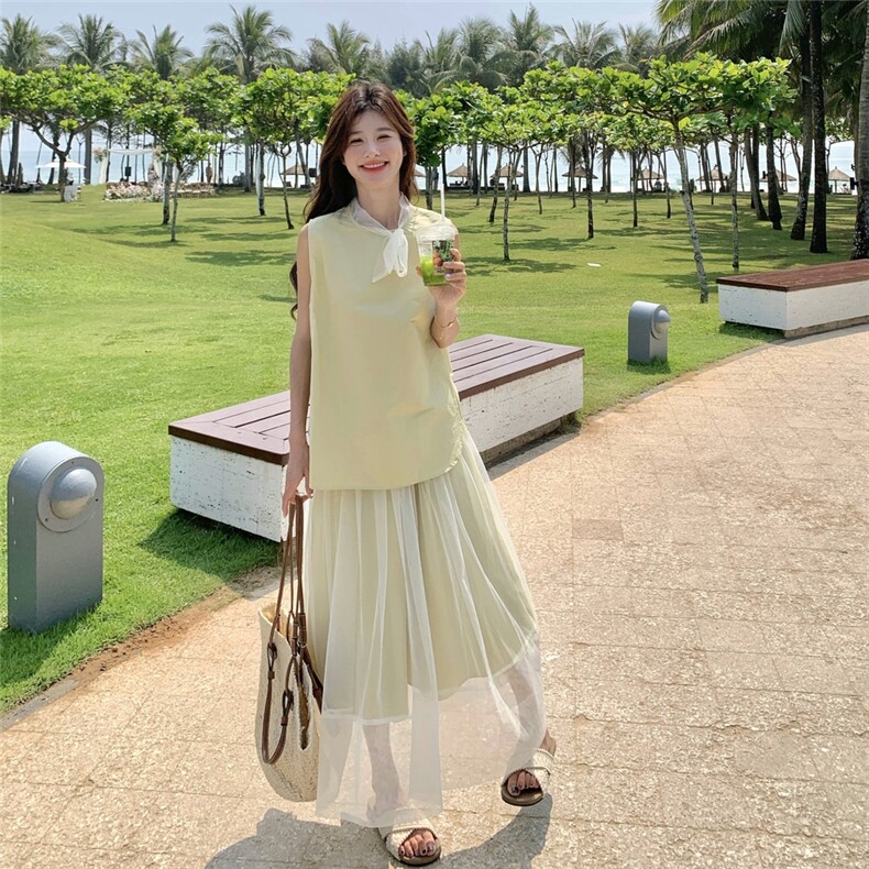 法式小香风网纱拼接无袖背心女夏季新款高腰显瘦半身裙两件套图片