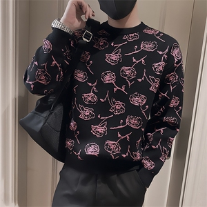 LV281/P78控108 冬季美式满身提花针织衫圆领毛衣男黑首1图片