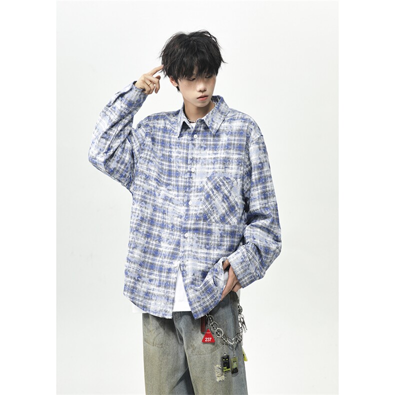 衬衫男秋季新款港风宽松扎染刺绣格子长袖衬衣25XC33159特批45,男装衬衫,电商A042