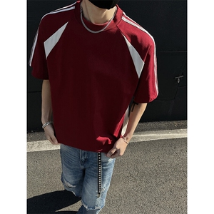 痞帅撞色拼接短袖T恤男款夏季潮牌炸街美式复古机车五分袖上衣服图片