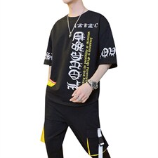 2023夏季短袖t恤男潮流帅气宽松半袖长裤套装男孩体恤F173P75，男装休闲套装，电商A086