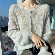 2025春秋新款蚕丝羊绒衫女性感镂空时尚圆领百搭简约针织开衫外套，女装羊绒衫，多娇羊绒