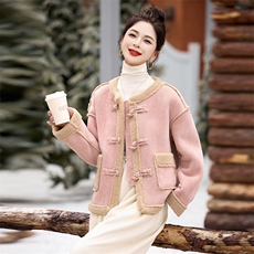 【现货】2024年冬季新款圆领大口袋宽松短款仿羊羔毛皮毛一体外套，女装羊羔毛/颗粒绒，乐吉娜