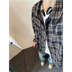 美式复古格子衬衫女春秋新款宽松流行百搭长袖衬衣外套，男装衬衫，星座1210-1