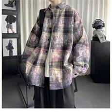 网络图现货美式潮流印花格子衬衫仿扎染情侣外搭衬衣JXX24-P40，男装衬衫，星座715-7