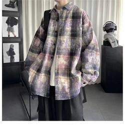 网络图现货 美式潮流印花格子衬衫仿扎染情侣外搭衬衣JXX24-P40图片