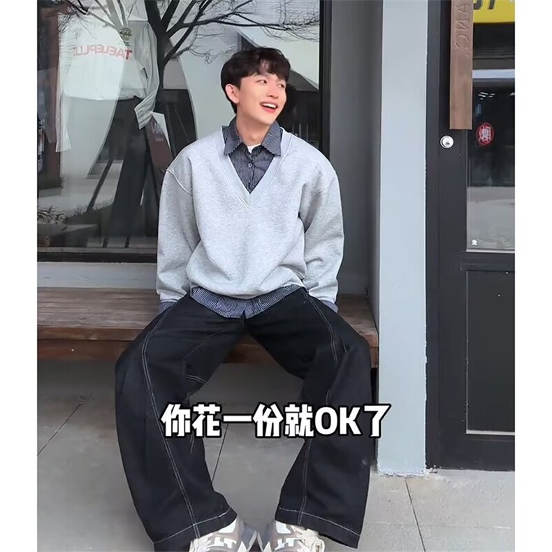 8198-P46春秋美式潮牌假两件衬衫领卫衣男女重磅宽松休闲百搭,男装衬衫,电商B323A