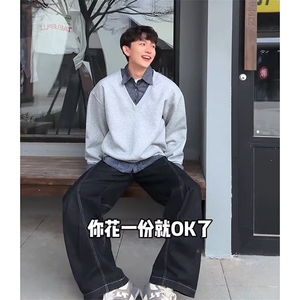 8198-P46 春秋美式潮牌假两件衬衫领卫衣男女重磅宽松休闲百搭图片