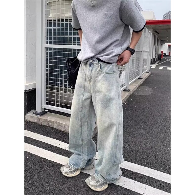 美式复古水洗做旧磨白牛仔裤男女高街潮牌宽松休闲百搭显瘦长裤潮图片