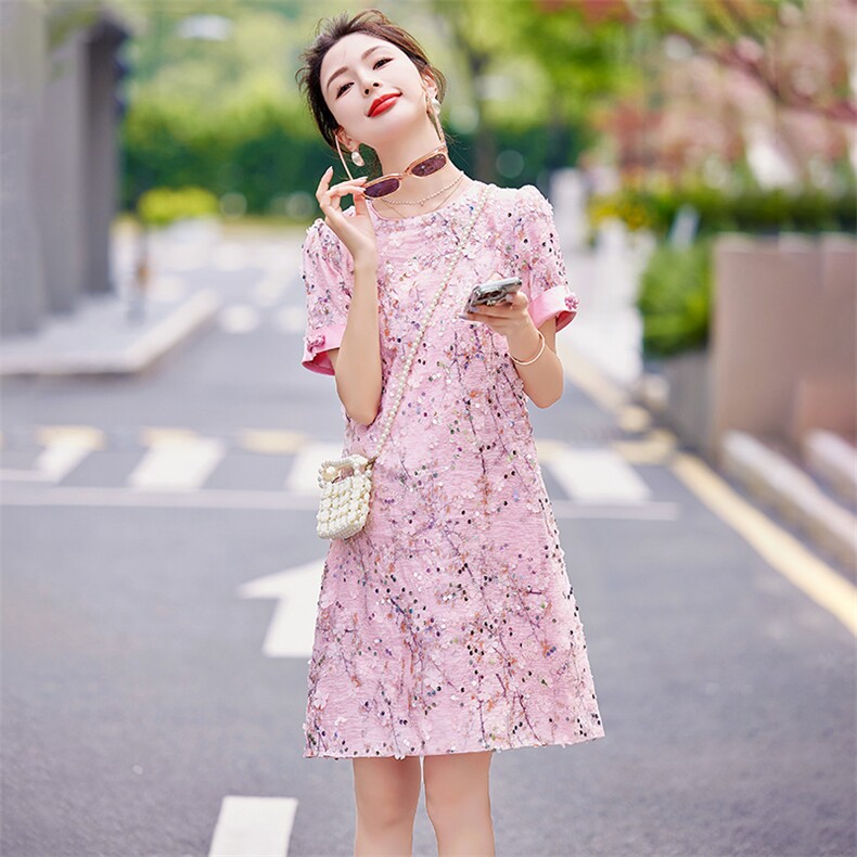 精致珠片刺绣连衣裙女夏季气质大码裙子2025年新款欧货a字裙,女装连衣裙,韩蜜菓
