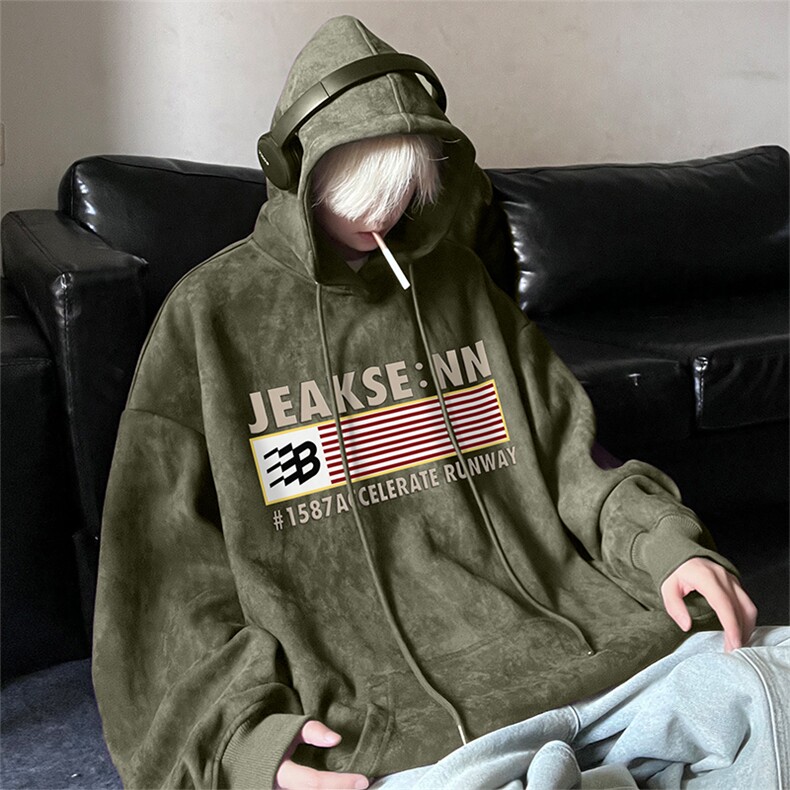 麂皮绒大码连帽卫衣男秋季新款美式复古印花JK23470特批45控78,男装卫衣,星座605(原A050)