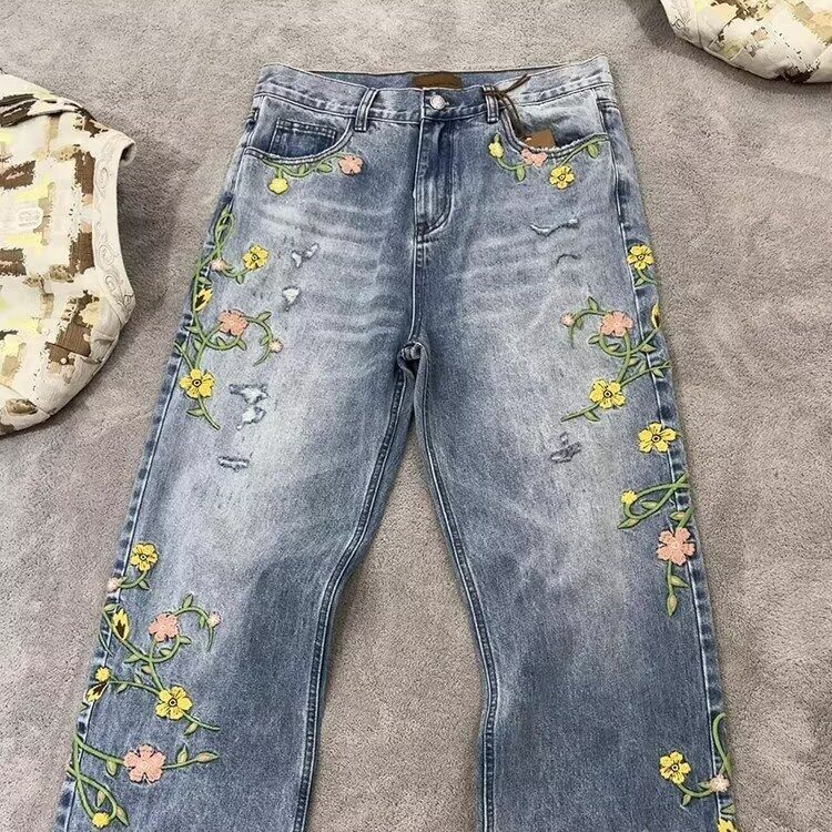 美式复古花卉刺绣设计感牛仔裤男女高街小众破洞直筒百搭阔腿裤子,男装牛仔裤,星座506A