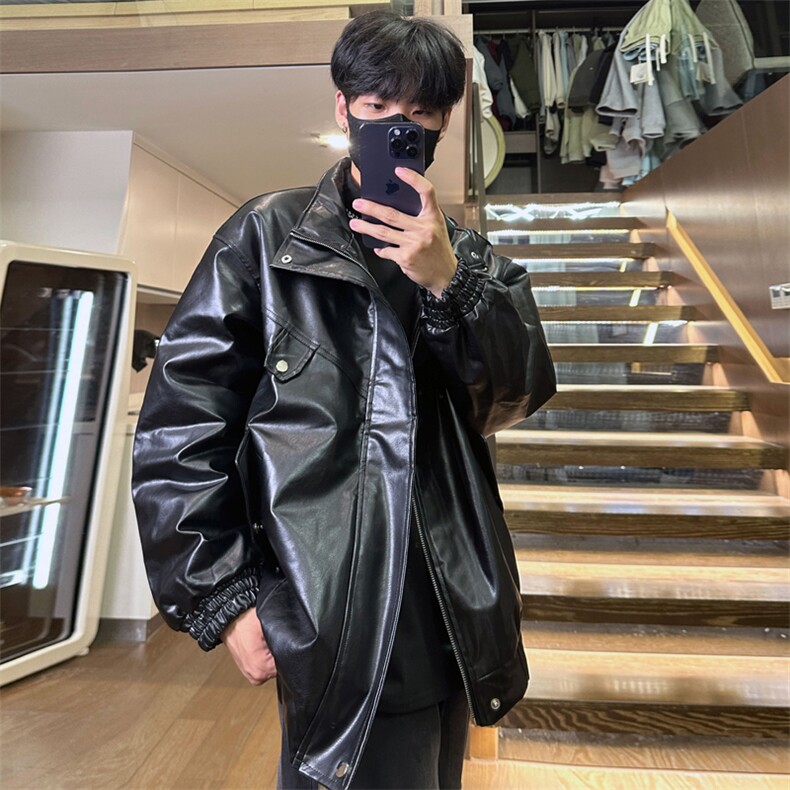 美式复古机车皮夹克秋冬季新款加绒pu皮宽松外套A436-W110-P95,男装夹克,电商A436