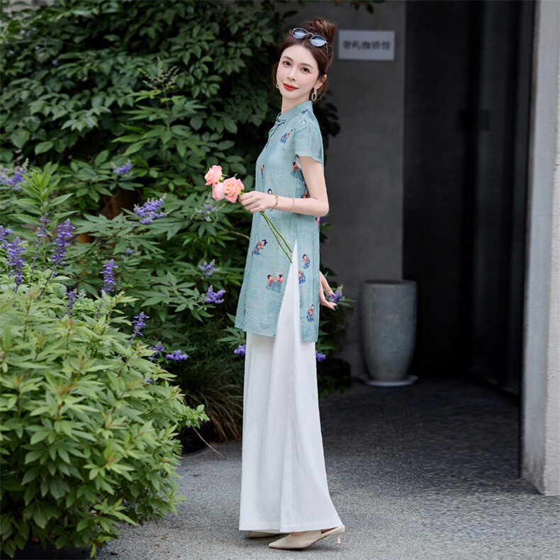 新中式国风套装女2025夏新款贵气感御姐大方得体阔腿裤穿搭一整套,女装套装/套裙,曼琳思菲