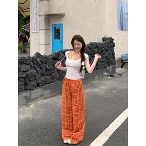 AK2356-P40垂感格子阔腿裤女夏季高腰显瘦直筒裤宽松百搭拖地裤图片