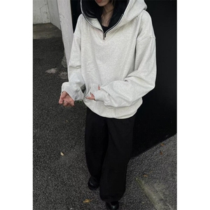 半拉链加绒卫衣男宽松秋冬加绒卫衣银狐绒帽衫外套 W77图片