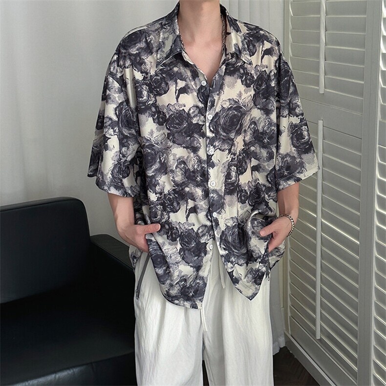 2025现货印花短袖衬衣男潮牌冰丝花衬衫A351-AC25602-p48控89图片