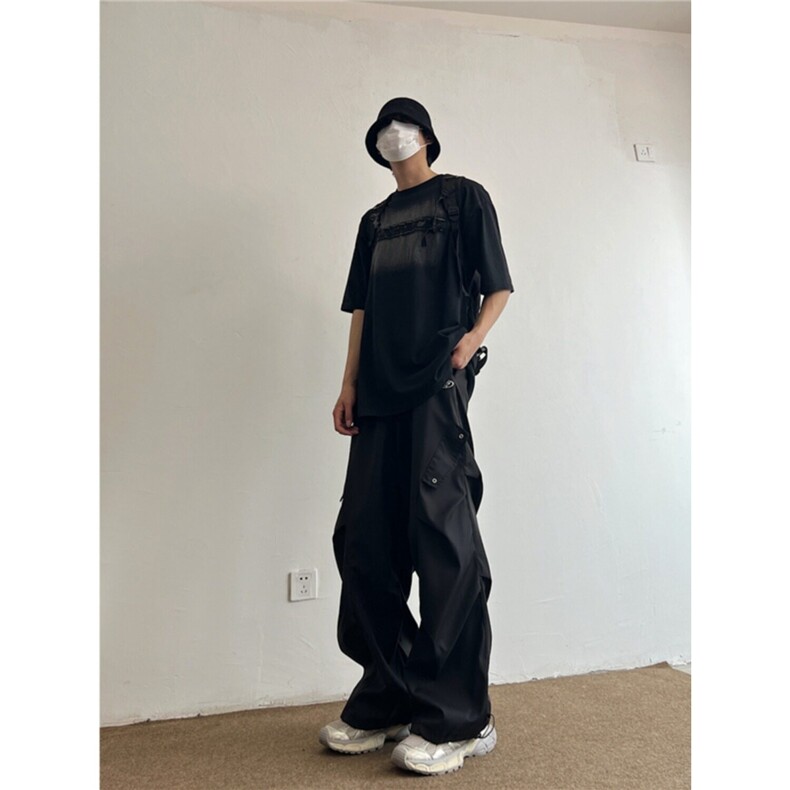 美式工装伞兵裤子男生春秋季褶皱拼接弯刀裤潮牌宽松直筒阔腿长裤,男装工装外套,星座302B-3