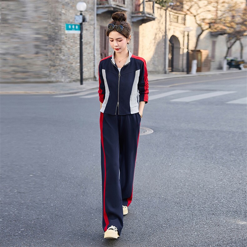 运动套装女春秋2025新款时尚显瘦开衫拼色休闲服立领卫衣两件套棉,女装套装/套裙,凝聚力