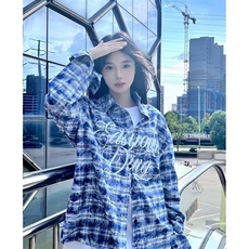 美式复古潮牌字母刺绣格子衬衫春秋薄款男女oversize休闲衬衣外套，男装衬衫，星座601-1