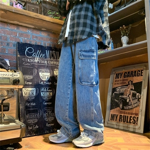 美式街头多口袋直筒工装牛仔裤男女宽松阔腿裤N05062-P50,男背带衣穿搭图片