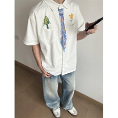 设计感领带涂鸦白色衬衫短袖男女夏季趣味学院风衬衣WLC544-P35，男装T恤，星座1008