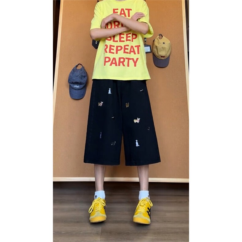 B221美式ins高街宽松小狗刺绣七分牛仔裤短裤LK25535-特P45控78,男装牛仔裤,电商B221