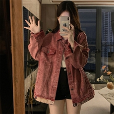 复古甜酷脏粉色水洗拼接牛仔外套男女古着情侣棒球服C644-98，男装工装外套，星座911-2(原星座613-2）