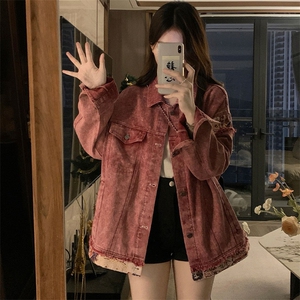 复古甜酷脏粉色水洗拼接牛仔外套男女古着情侣棒球服 C644-98图片